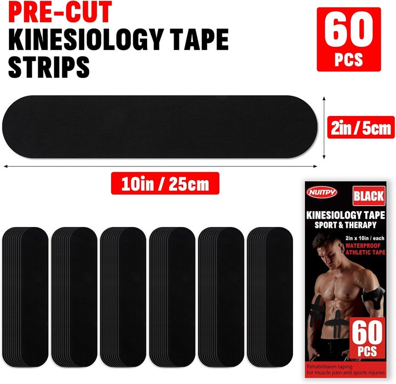 NUITPY 60PCS Precut Kinesiology Tape Strips, 2 inch x 10 inch Athletic Tape, Kinetic Tape, Elastic Muscle Tape, Sports Tape, Knee Tape for Exercise and Daily Use - Black - Image 2